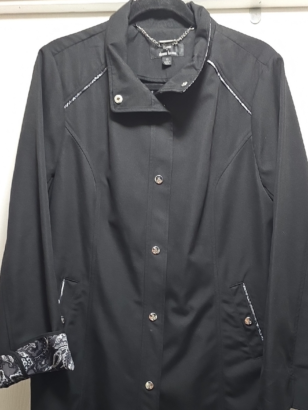 dennis basso Black Long Coat with Contrast Trim